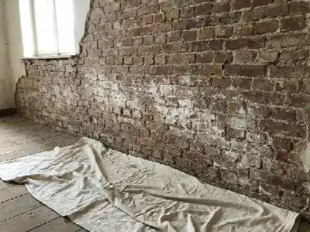 Binnenmuur waarvan de zoutrijke pleister tot een meter hoogte verwijderd is