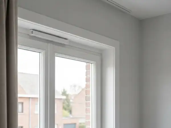 Ventilatierooster boven een raam in een gerenoveerde slaapkamer